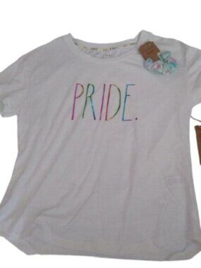 Rae Dunn PRIDE Tee rainbow letters w/ Scrunchie, Large